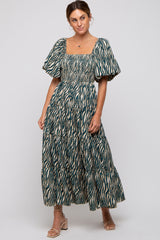 Teal Printed Smocked Maxi Dress