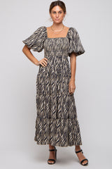 Charcoal Printed Smocked Maxi Dress