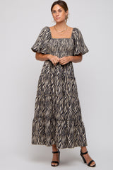 Charcoal Printed Smocked Maxi Dress