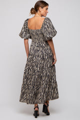 Charcoal Printed Smocked Maxi Dress