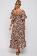 Brown Printed Smocked Maternity Maxi Dress