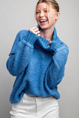 Blue Turtleneck Boucle Sweater