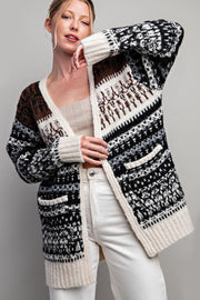 Black Pattern Fuzzy Knit Cardigan