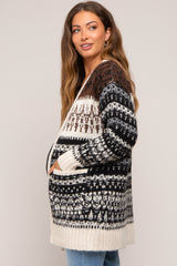 Black Pattern Fuzzy Knit Maternity Cardigan