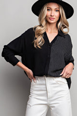 Black Half Stripe Button Down Maternity Top