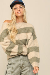 Olive Striped Knit Cropped Maternity Sweater