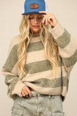 Olive Striped Knit Cropped Sweater