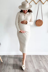 Beige Ribbed Knit Collared Long Sleeve Maternity Midi Dress