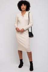 Beige Ribbed Knit Collared Long Sleeve Maternity Midi Dress