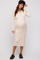 Beige Ribbed Knit Collared Long Sleeve Maternity Midi Dress