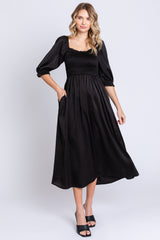 Black Satin Smocked Maternity Midi Dress