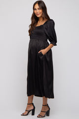 Black Satin Smocked Maternity Midi Dress