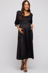 Black Satin Smocked Maternity Midi Dress