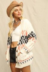 Cream Printed Chunky Cable Knit Cardigan