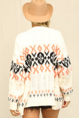 Cream Printed Chunky Cable Knit Cardigan