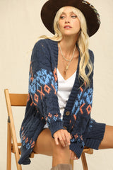 Navy Printed Chunky Cable Knit Maternity Cardigan