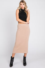 Beige Fuzzy Soft Knit Midi Skirt