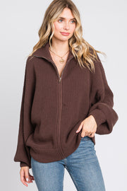 Brown Oversized Zip Up Cardigan