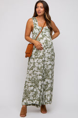 Light Olive Floral Ruffle Strap Maternity Jumpsuit