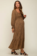 Camel Leopard Print Square Neck Smocked Maternity Midi Dress