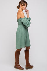 Green Smocked Off Shoulder Long Sleeve Dress