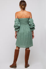 Green Smocked Off Shoulder Long Sleeve Dress