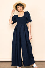 Navy Smocked Square Neck Wide Leg Jumpsuit