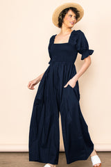 Navy Smocked Square Neck Wide Leg Jumpsuit