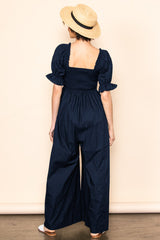 Navy Smocked Square Neck Wide Leg Jumpsuit