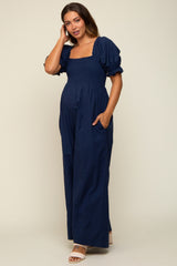 Navy Smocked Square Neck Wide Leg Maternity Jumpsuit