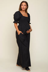 Black Smocked Square Neck Wide Leg Maternity Jumpsuit