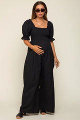 Black Smocked Square Neck Wide Leg Maternity Jumpsuit