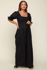 Black Smocked Square Neck Wide Leg Maternity Jumpsuit