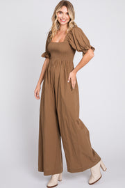 Brown Smocked Square Neck Wide Leg Jumpsuit