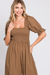 Brown Smocked Square Neck Wide Leg Jumpsuit