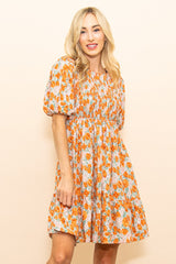 Taupe Floral Smocked Puff Sleeve Dress