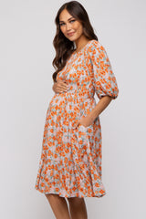 Taupe Floral Smocked Puff Sleeve Maternity Dress