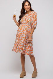 Taupe Floral Smocked Puff Sleeve Maternity Dress