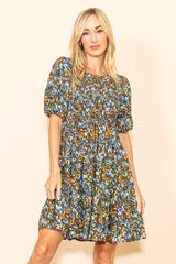 Brown Floral Smocked Puff Sleeve Dress