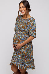 Brown Floral Smocked Puff Sleeve Maternity Dress