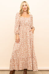 Cream Floral Square Neck Ruffle Maternity Maxi Dress