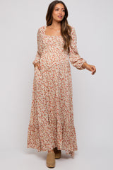 Cream Floral Square Neck Ruffle Maternity Maxi Dress