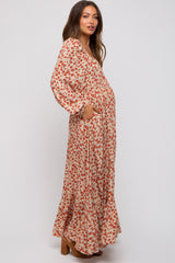 Beige Floral Square Neck Ruffle Maternity Maxi Dress