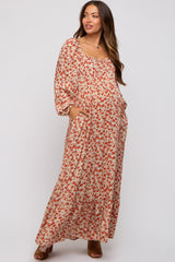 Beige Floral Square Neck Ruffle Maternity Maxi Dress