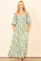 Teal Floral Print Off Shoulder Smocked Maternity Maxi Dress