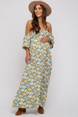 Teal Floral Print Off Shoulder Smocked Maternity Maxi Dress