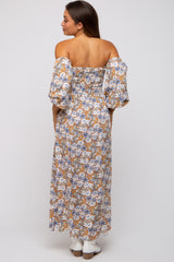 Taupe Floral Print Off Shoulder Smocked Maternity Maxi Dress