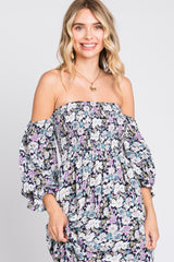 Black Floral Print Off Shoulder Smocked Maxi Dress