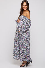 Black Floral Print Off Shoulder Smocked Maternity Maxi Dress