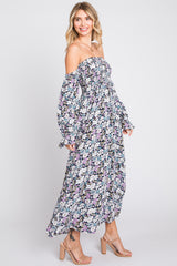 Black Floral Print Off Shoulder Smocked Maxi Dress